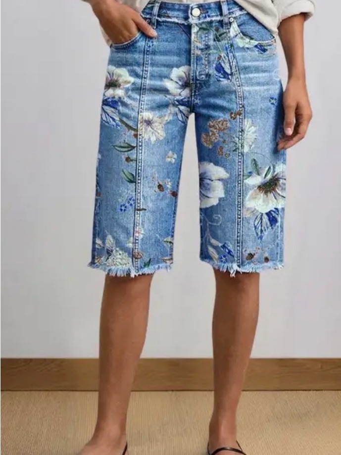 Floral Print Raw Hem Mid Waist Denim Bermuda Shorts Xl Ps4-10